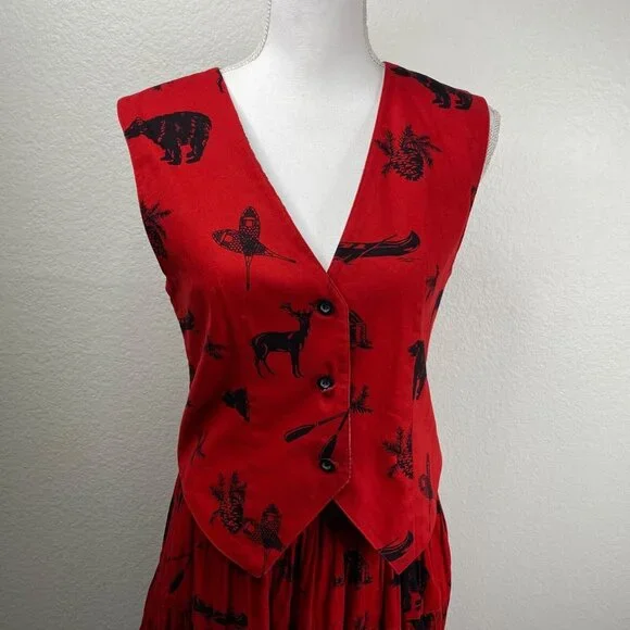Sharon Young Sportswear Vest and Crinkle Skirt Red Sz S Wildlife Cabincore
